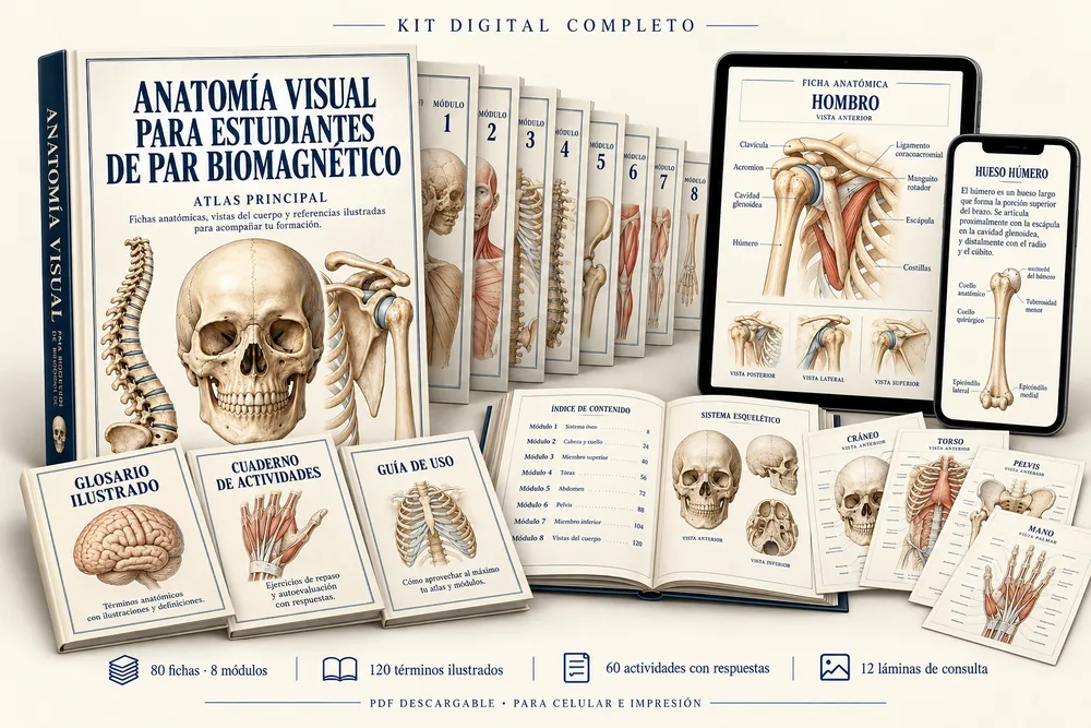 Kit Anatomía Visual para Estudiantes de Par Biomagnético: atlas principal, módulos, glosario ilustrado, cuaderno, guía de uso, láminas y versión en tableta y celular