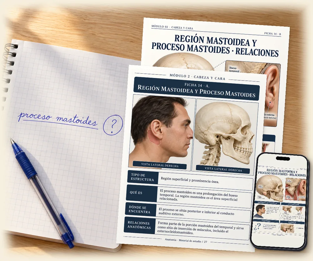 Cuaderno con la anotación «proceso mastoides» junto a las fichas 14 A y 14 B impresas y la edición para celular abierta en la ficha 14 B